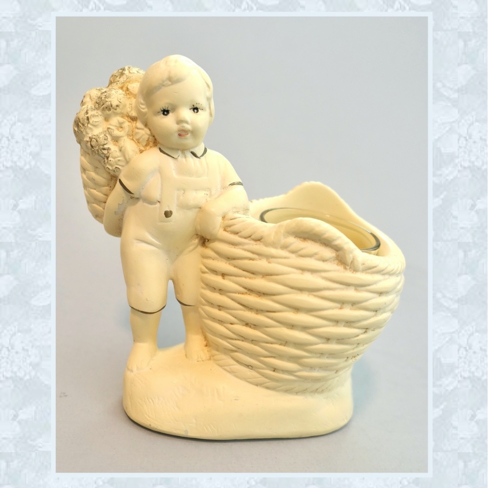 Vintage 50s Victorian Basket Boy ChalkWare Votive Candle Holder